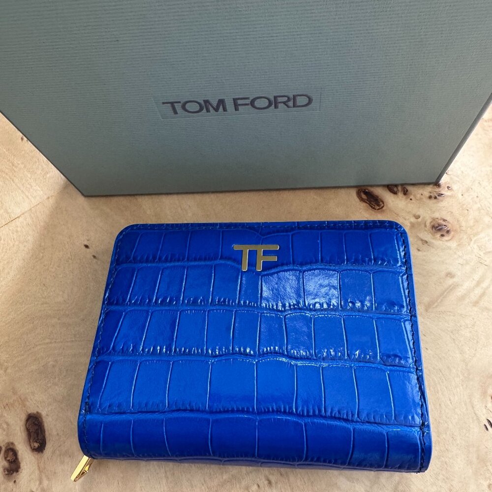 Authentic Tom Ford Shiny Stamped Croc TF Zip Wallet Royal Blue Gold Hardware
